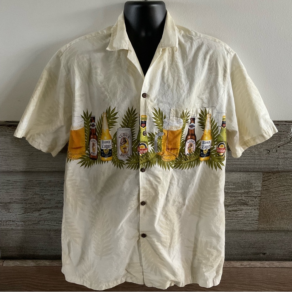 Aloha Republic Mens Size L Floral Multicolor Beer Motif Shirt USA (F1)
